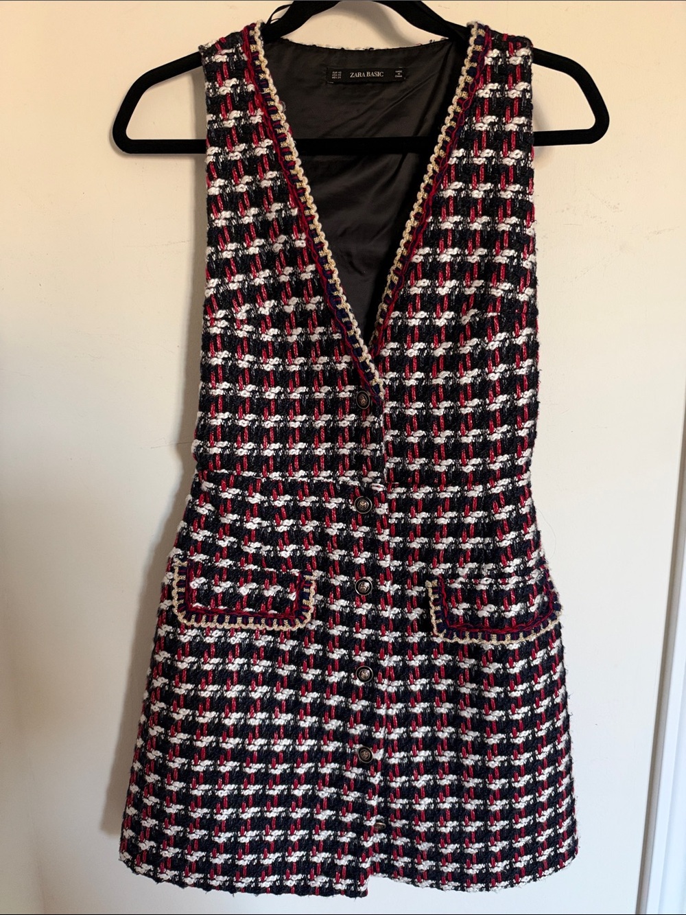 Zara Red, Black & White Tweed Button-Front Dress Vest